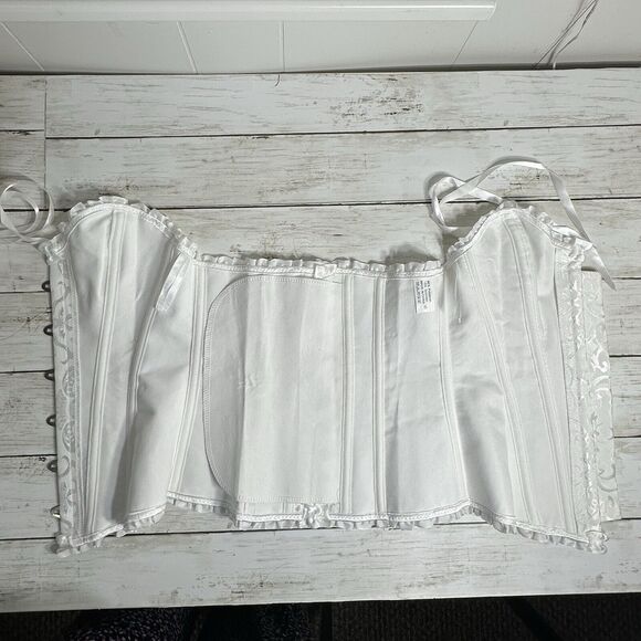 Pin Up White Jacquard Floral Lace Up Boned Frilly Corset Bustier Top S - Picture 12 of 16